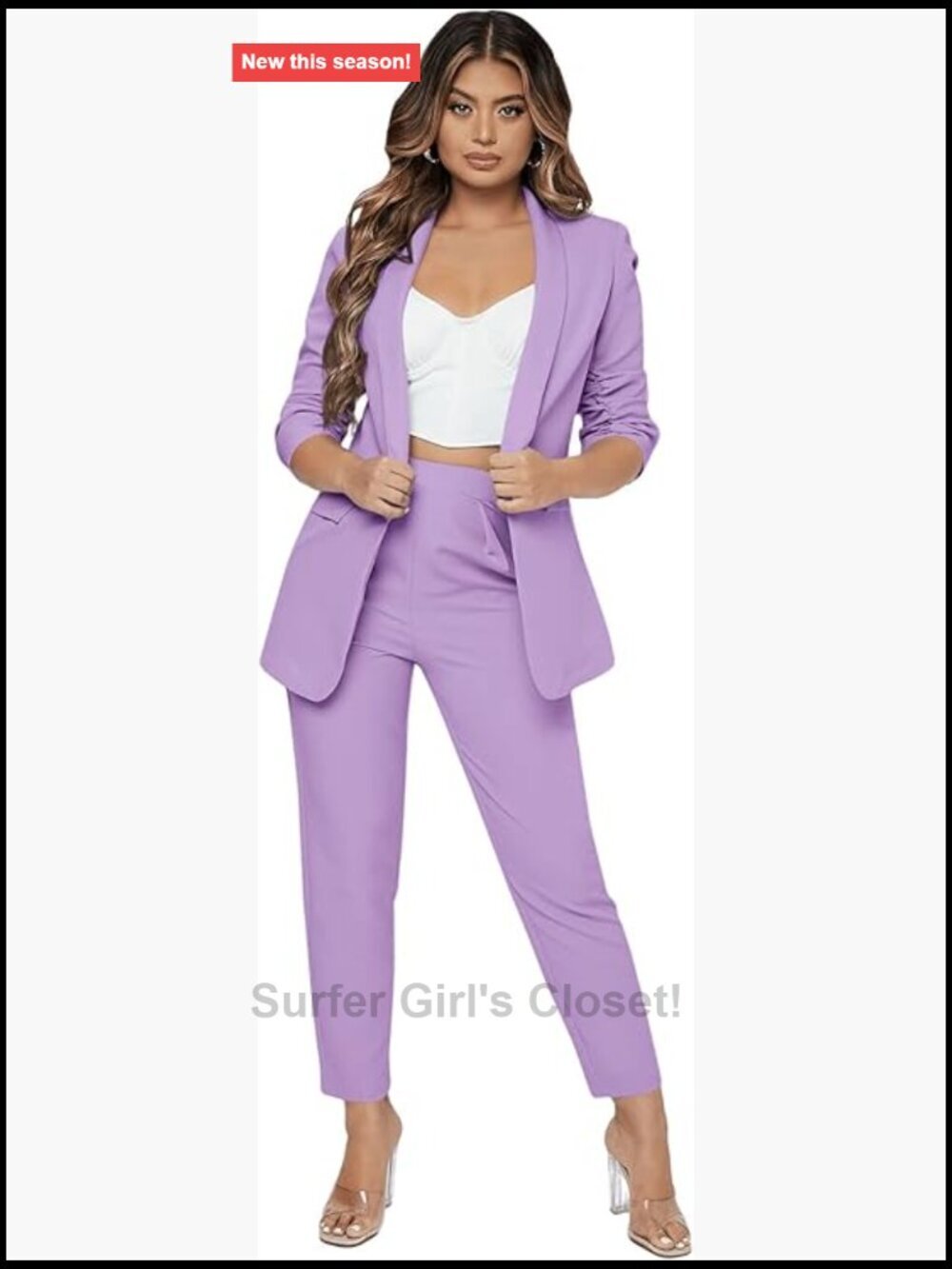 2 Piece Solid Ruched Sleeve Blazer and Pants Office Suit Set
